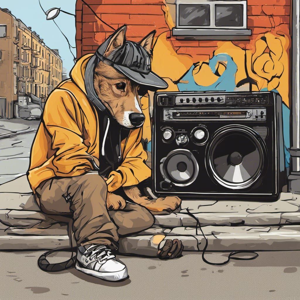 Ein Hund mit Hip-Hop Klamotten