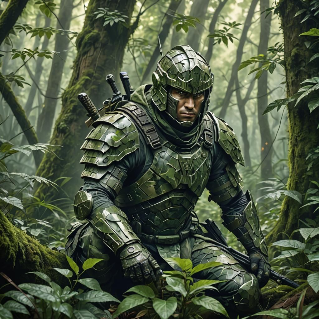 Camouflaged Warrior in Lush Green Forest: Digital Art