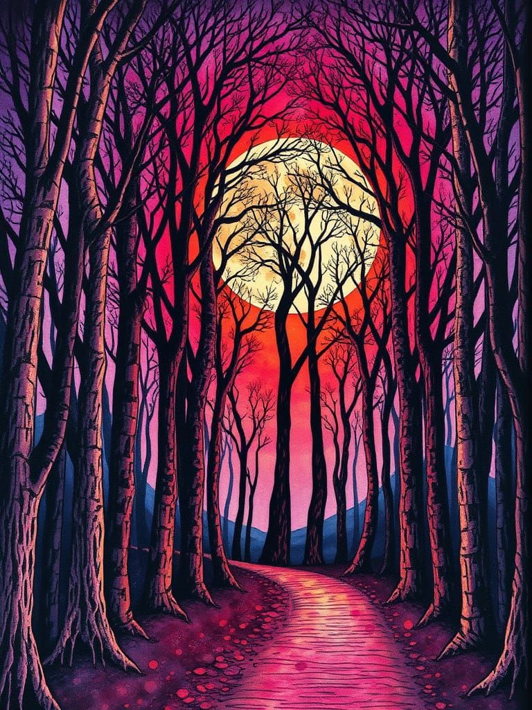 Vibrant Wine Red Full Moon Amidst Intricately Detailed Trees