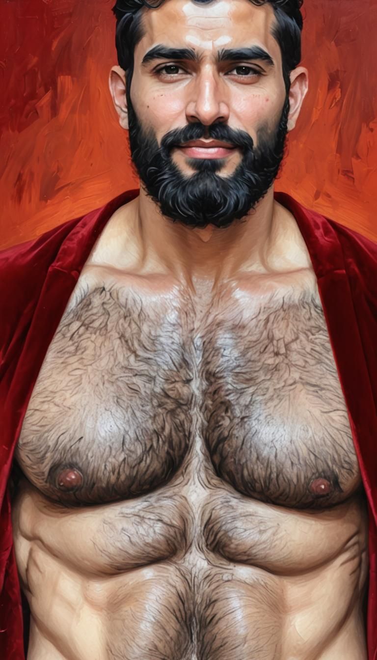 Hirsute Man in Red Velvet Bathrobe, Impasto Painting