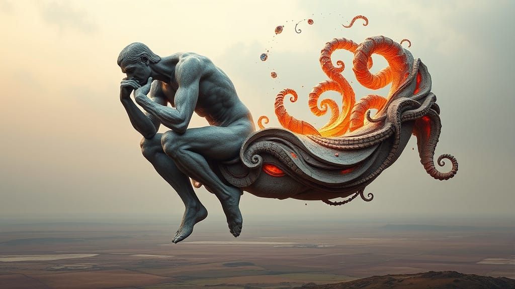 Gravity Defying Thinker in Vibrant Surrealist Landscape