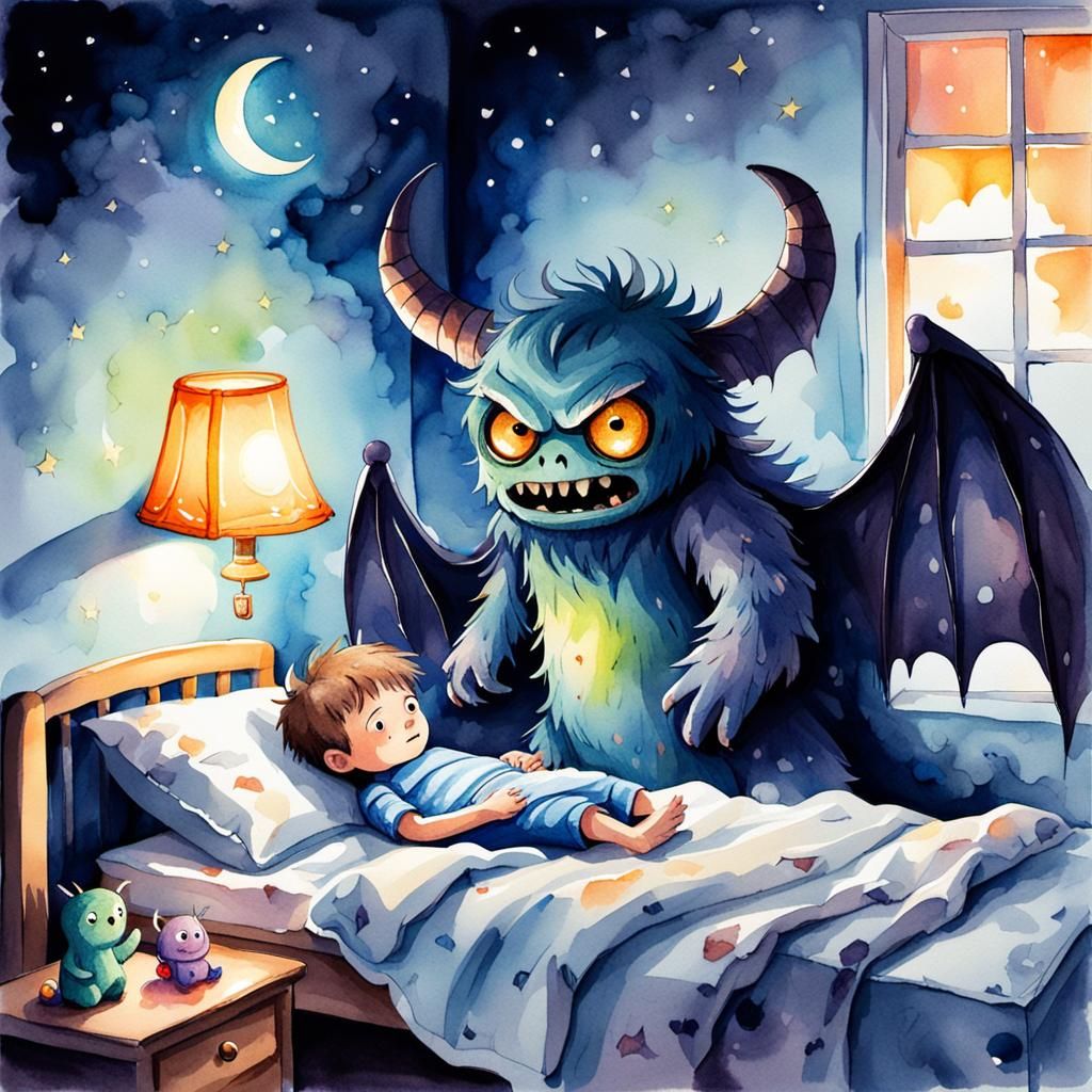 Watercolor Monster Haunts Sleeping Child's Nightmare