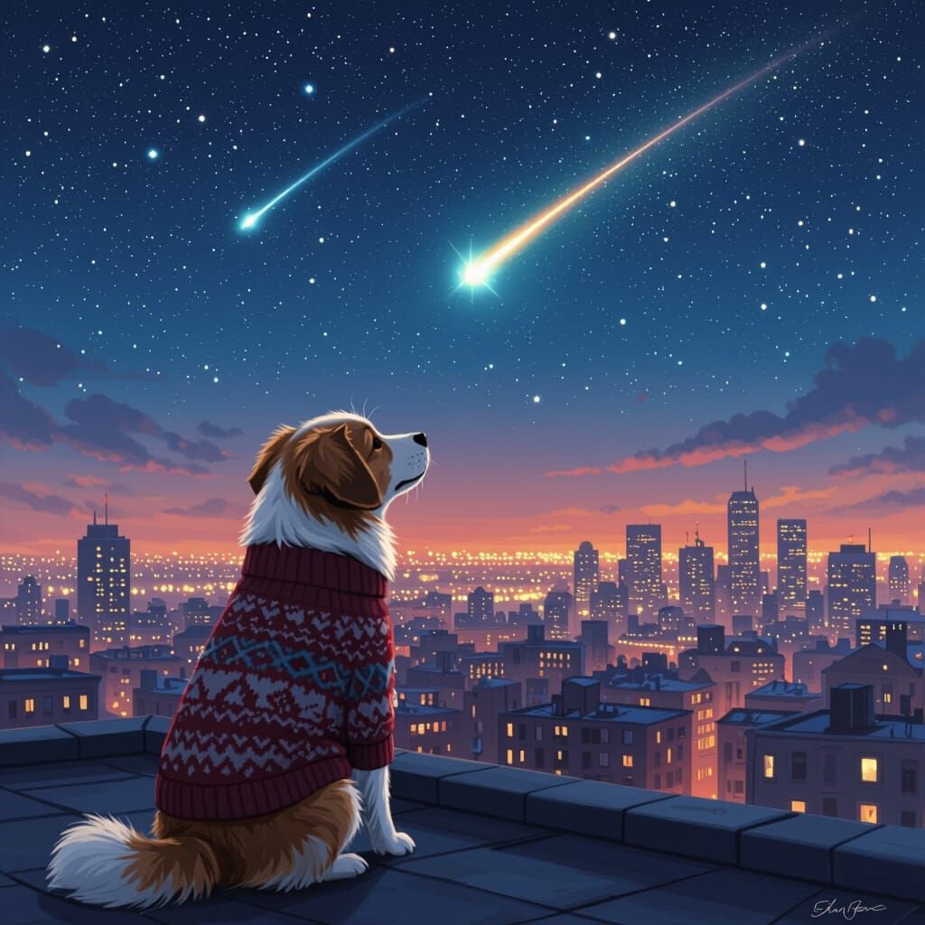 Dog Watches Shooting Star Over Cityscape
