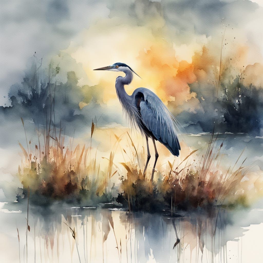 Serene Watercolour Heron in Sunrise Marshland