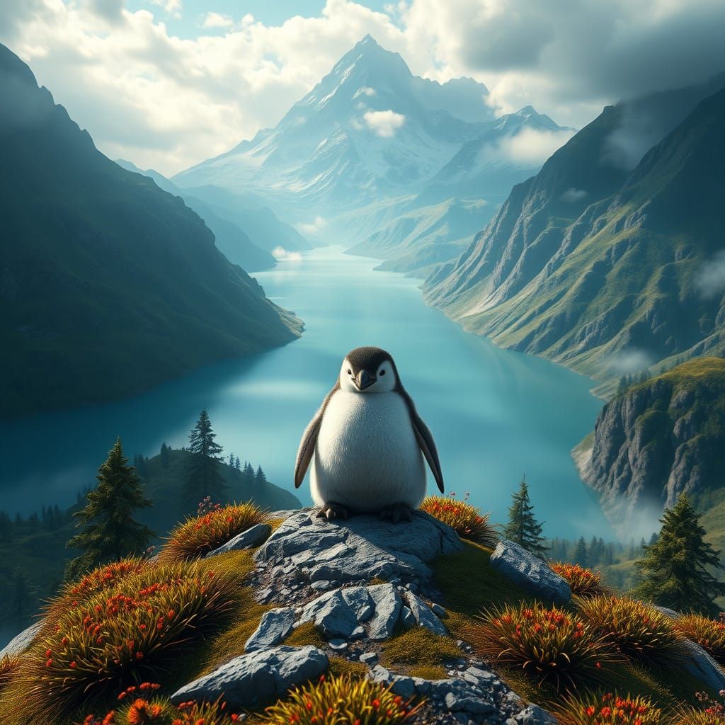 Fantastical Penguin Perched on Majestic Mountain