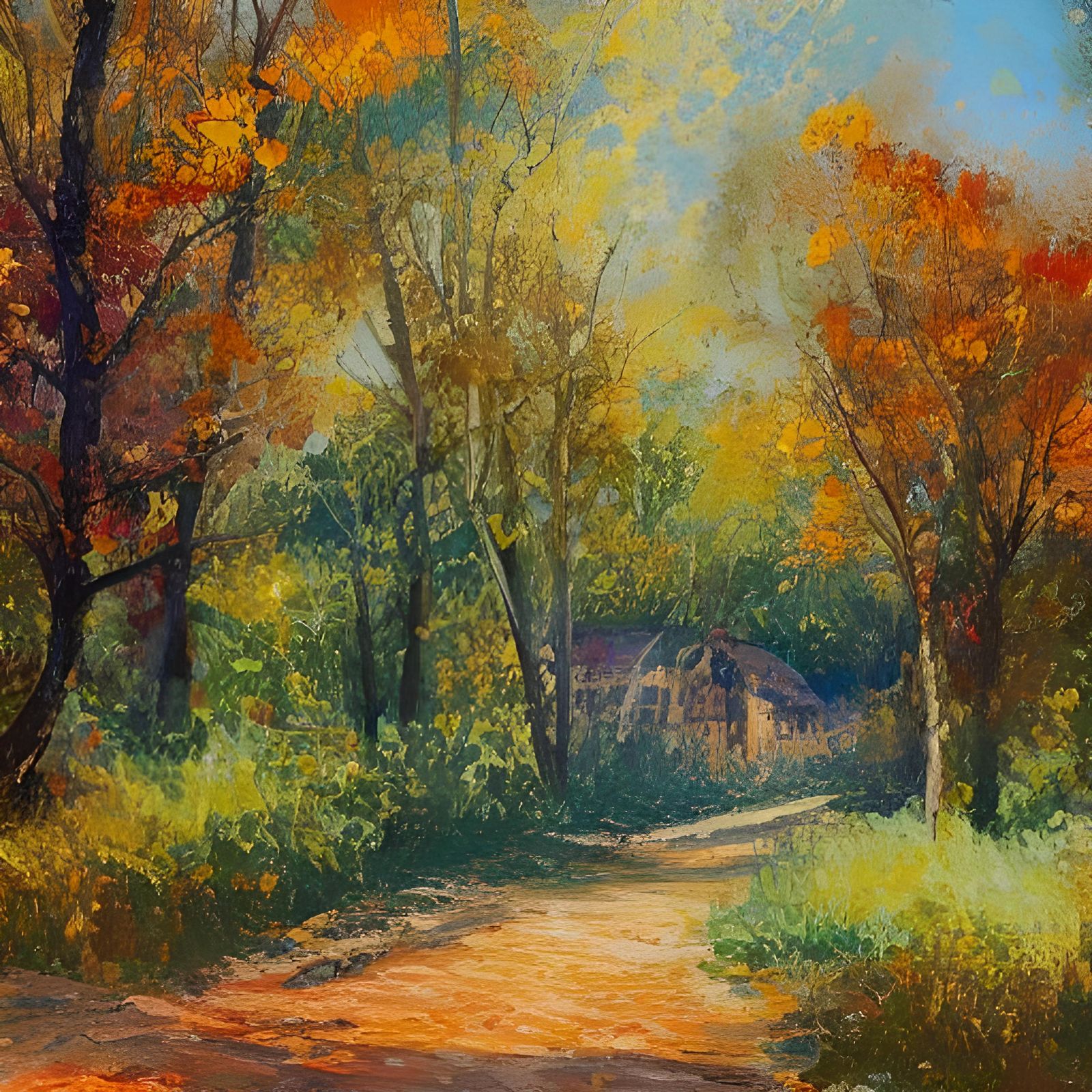 Rustic Autumn Scene in Gouache Watercolor Style