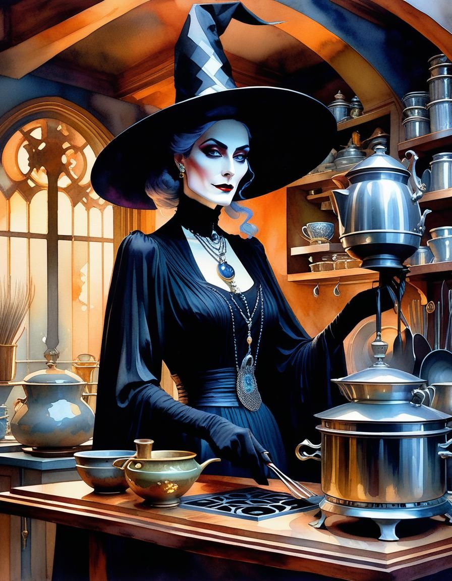 Gothic Witch Brews Coffee in Studio Ghibli Art Deco Style