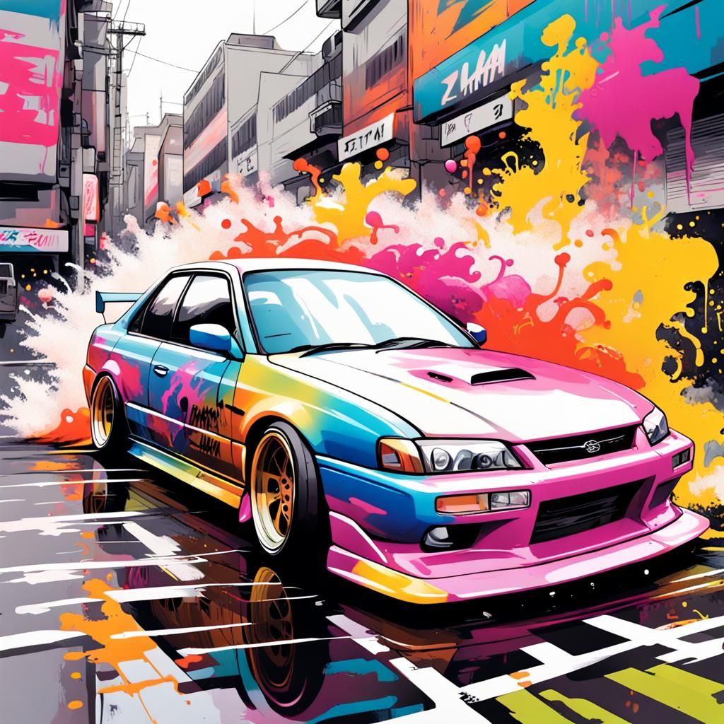 JDM Cars Drifting in Tokyo Graffiti Art Style