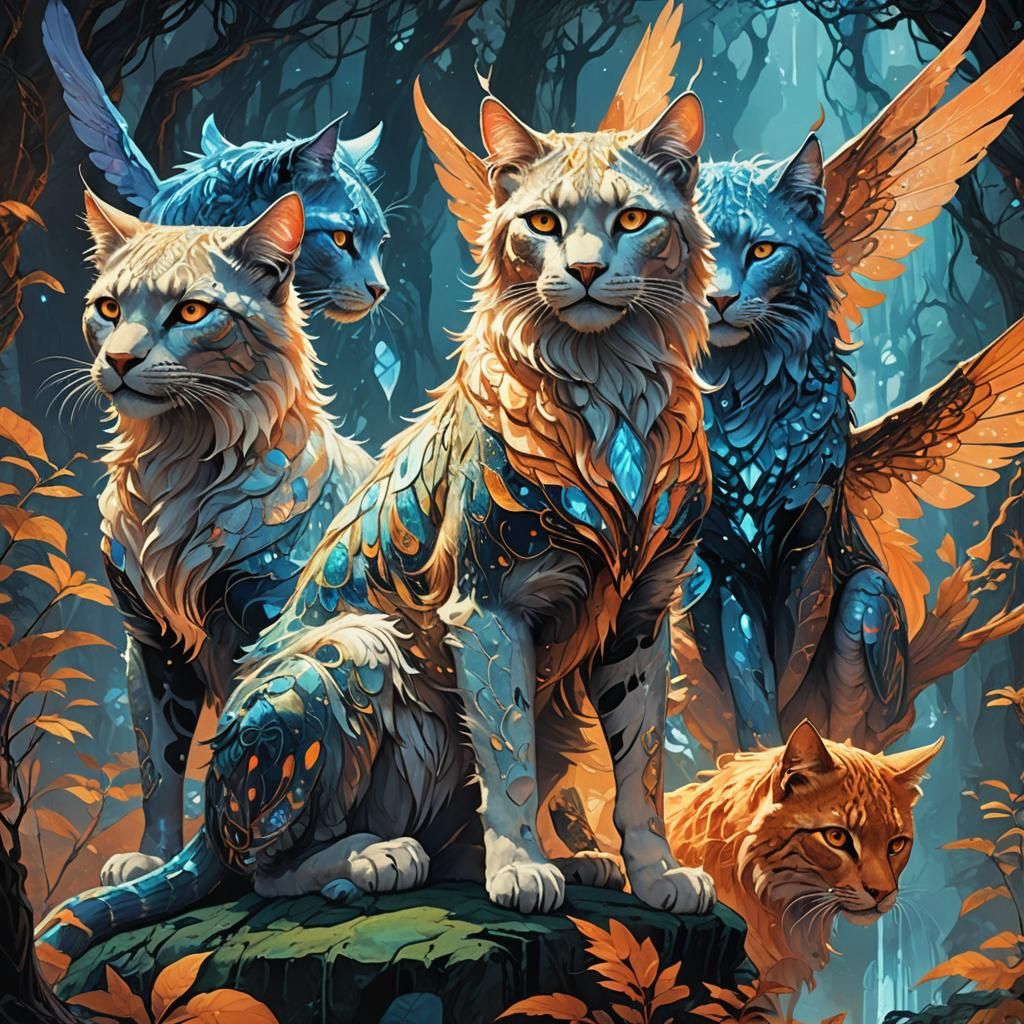 Luminescent Winged Cats in Mystical Forest Concept Art