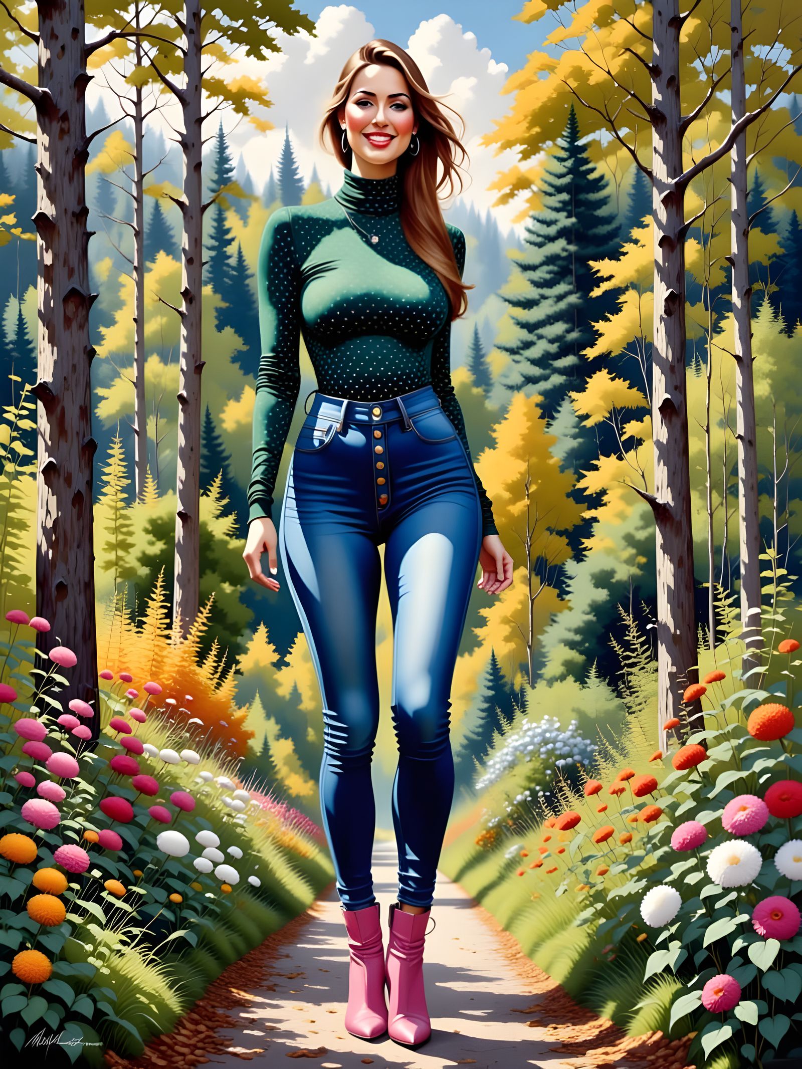 Enticing Woman in Garden: Oil Painting with Ink Accents