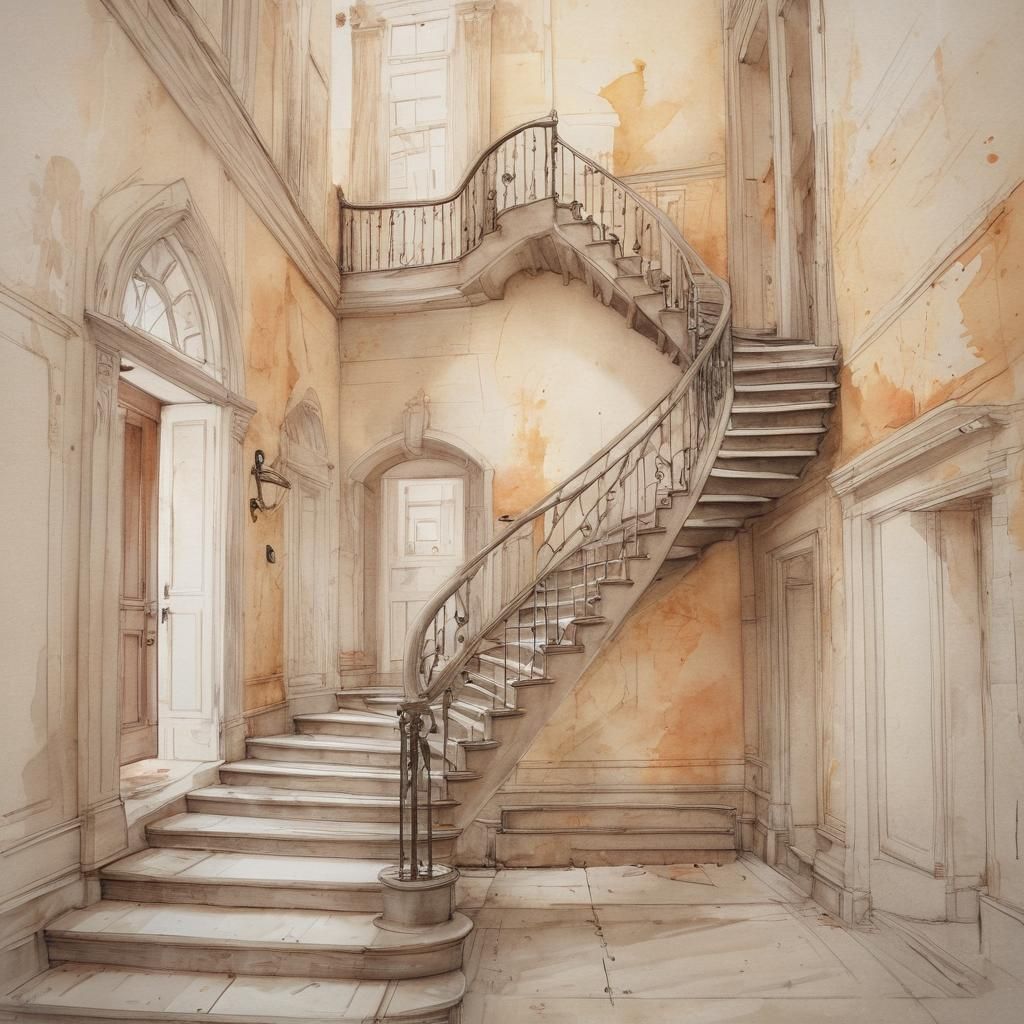 Staircase Design: Architectural Pencil Sketch with Watercolo...