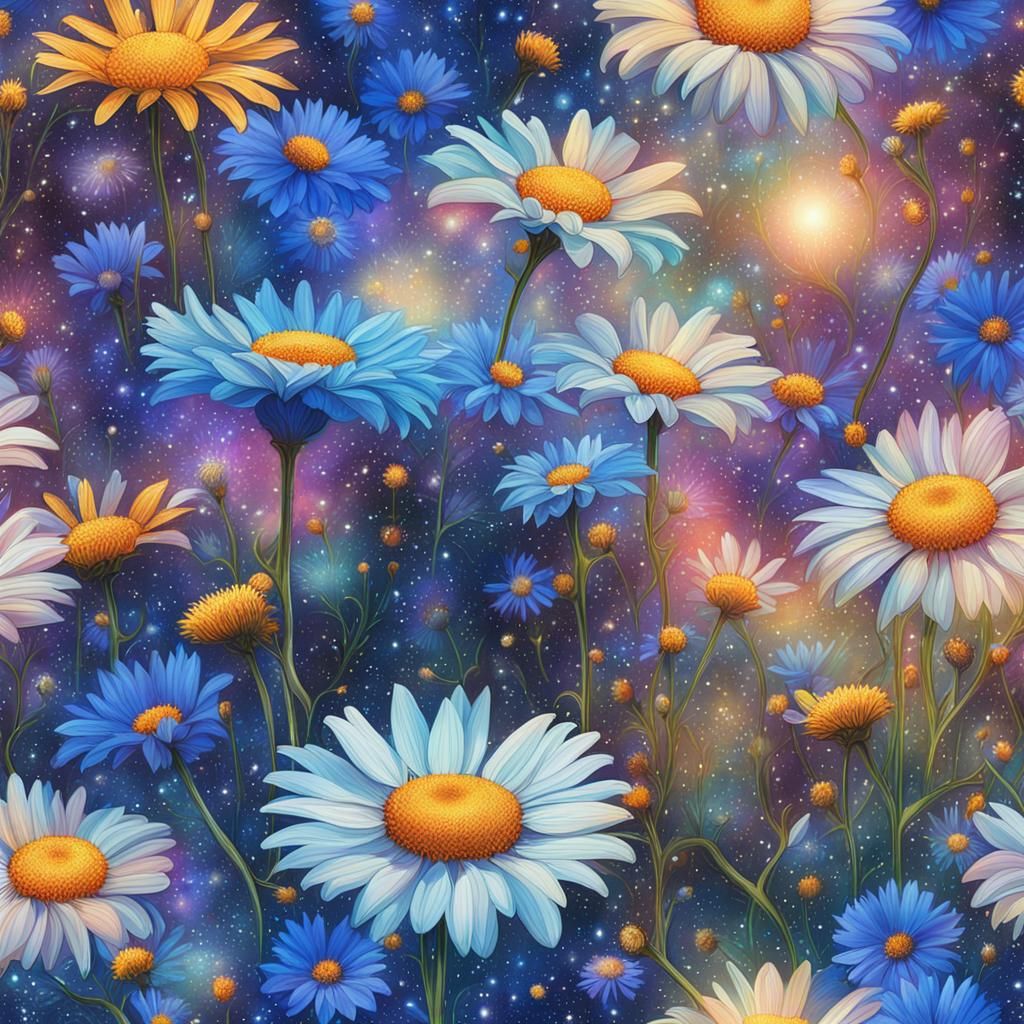 Field of Daisies and Cornflowers in Cosmic Illustration