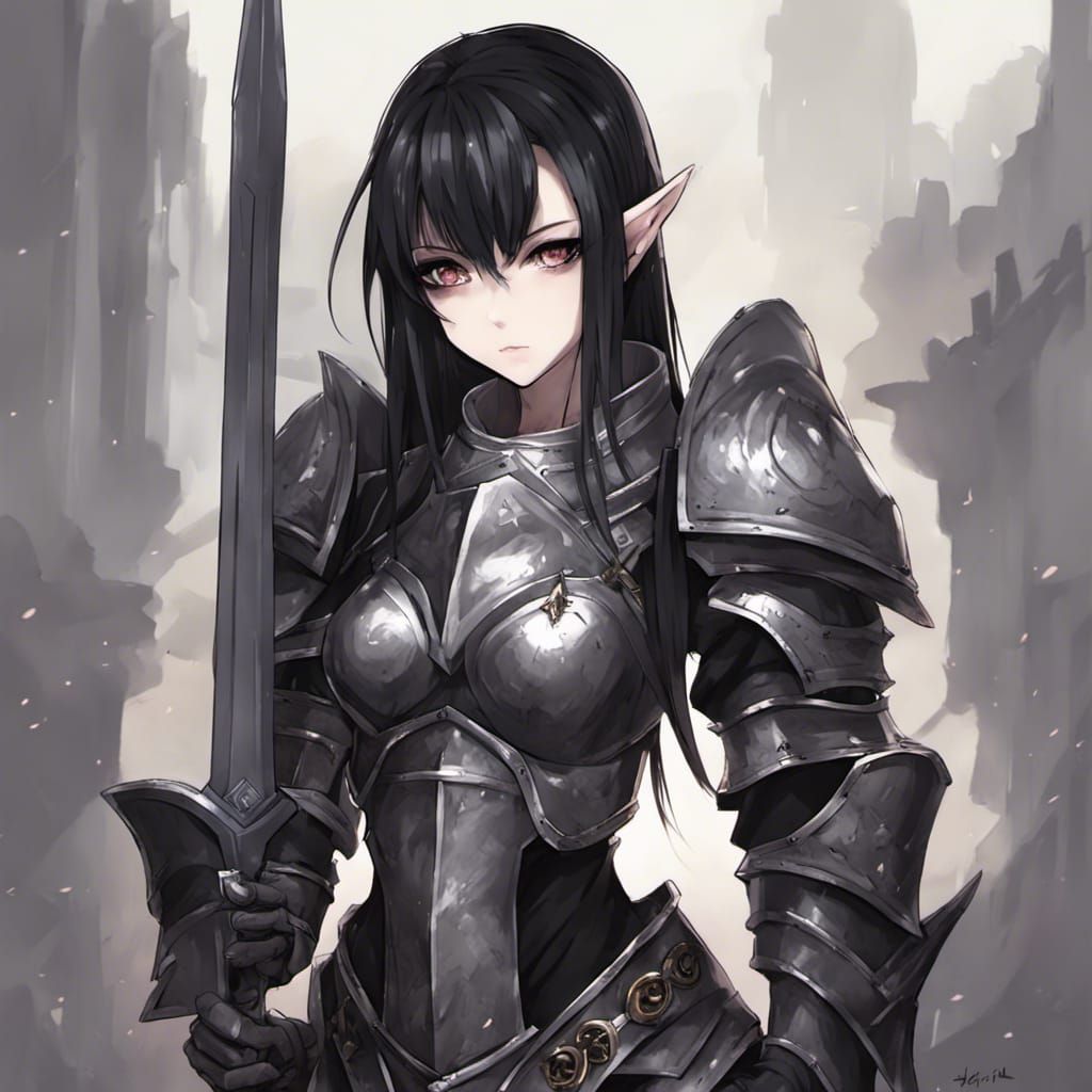 Dark Elf Anime Girl in Plate Armor