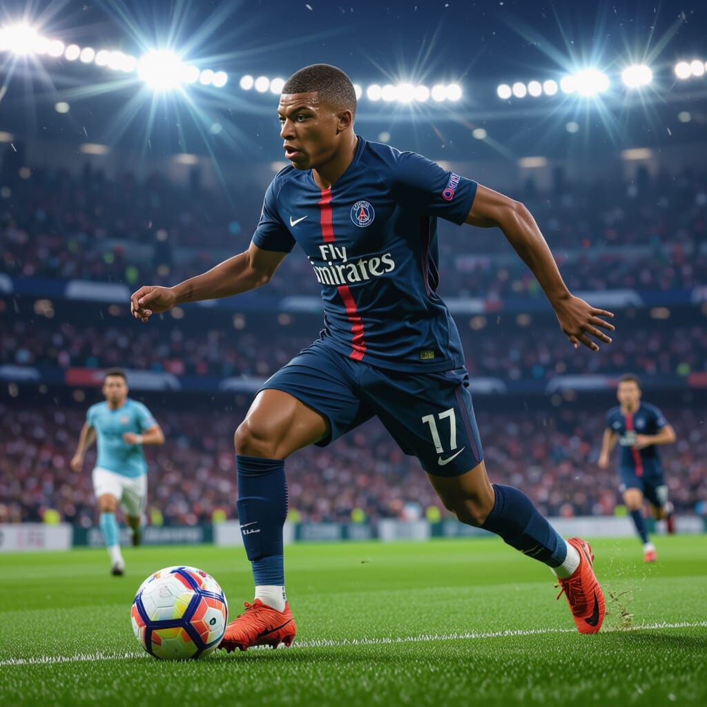 Mbappé Sprinting with Ball on Football Field