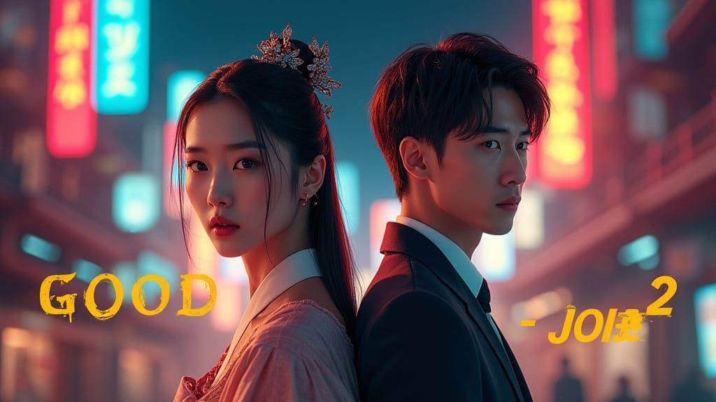 Elegant Hanbok Couple in Vibrant Cityscape