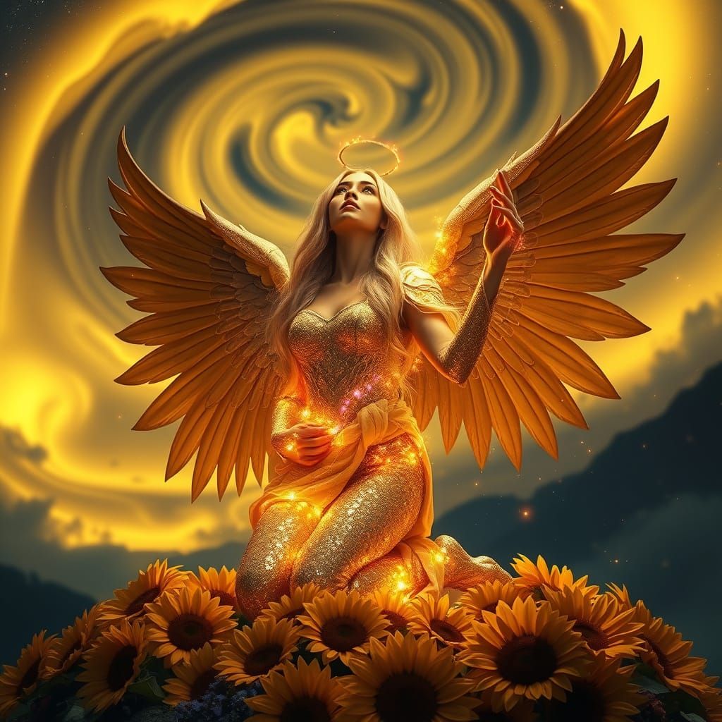 Celestial Angel on Sunflower Mountain in Golden Aurora