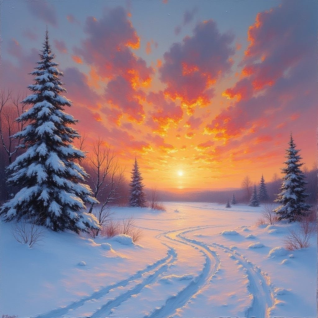 Vivid Winter Sunset Over Snow-Covered Landscape