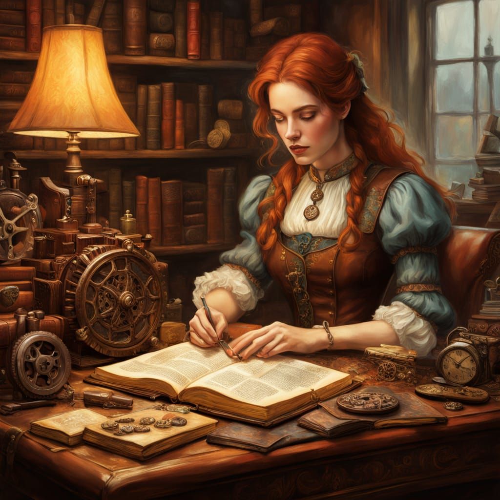 Fantasy Woman Surrounded by Books in Oil Painting Style
