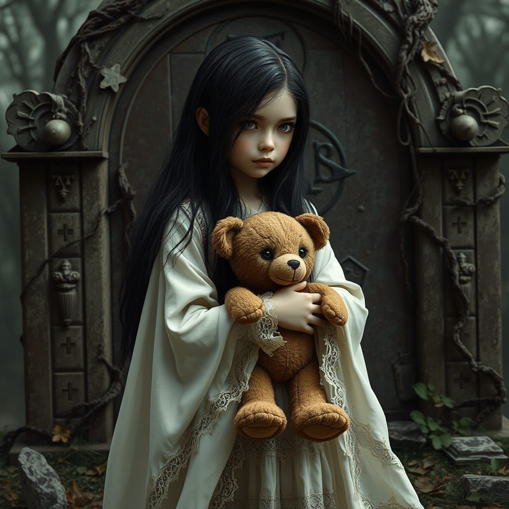 Girl in Flowing White Robe Stands Before Ancient Grave