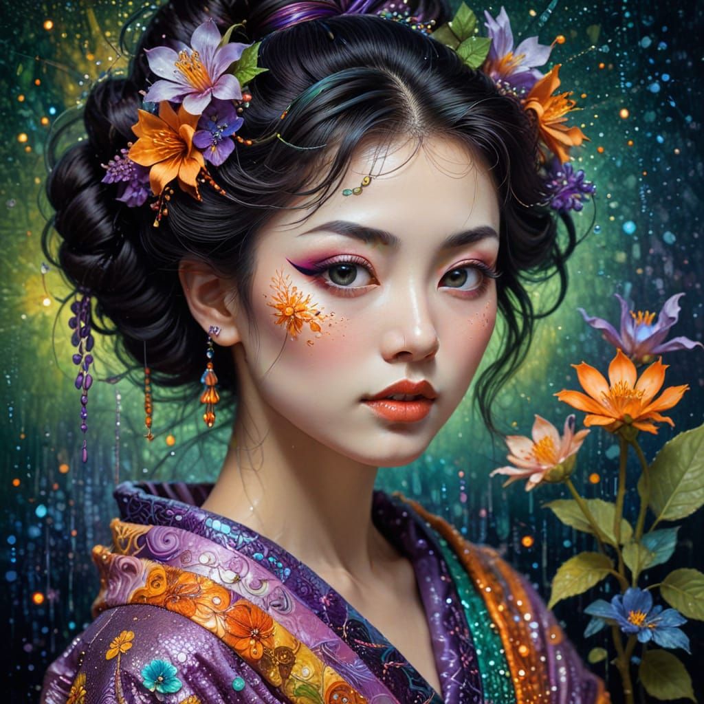 Surreal Japanese Geisha Portrait in Pointillism Style