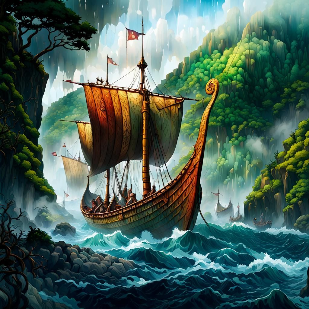 Viking Longships Discovering the Azores in Splash Art