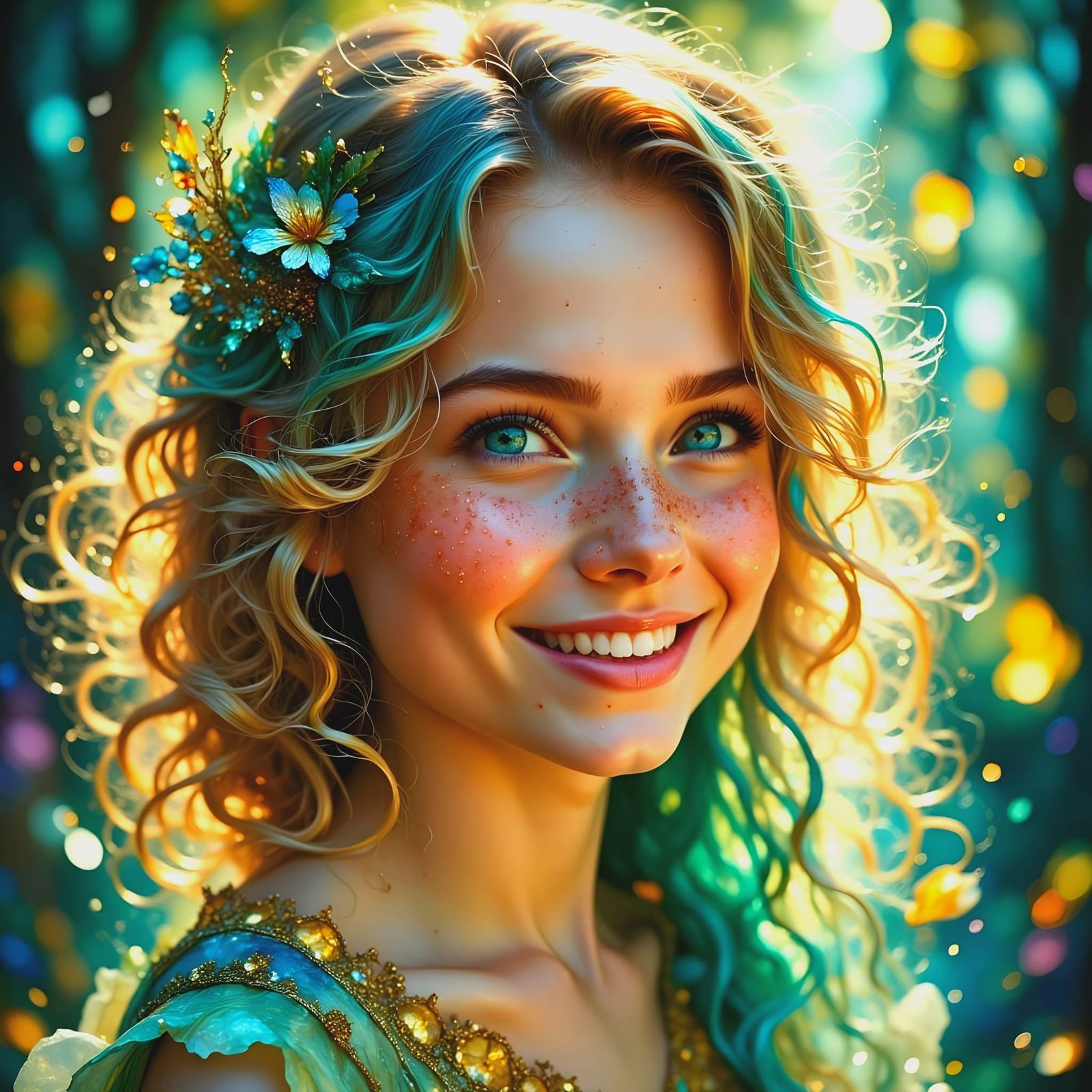 Ethereal Young Woman with Soft Smile and Bright Blue-Green E...