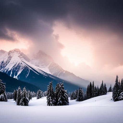 Snowy Mountains and Dark Green Trees in Winter