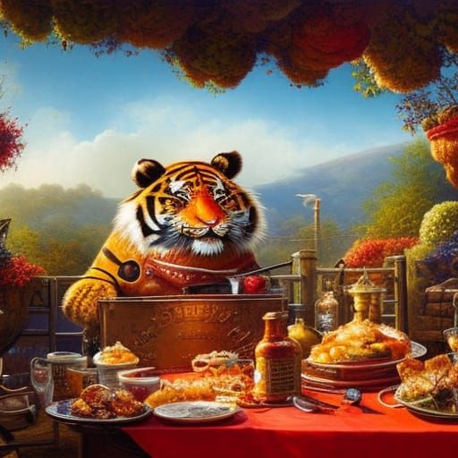 Anthropomorphic Barbecue Tiger in Detailed Matte Drawing