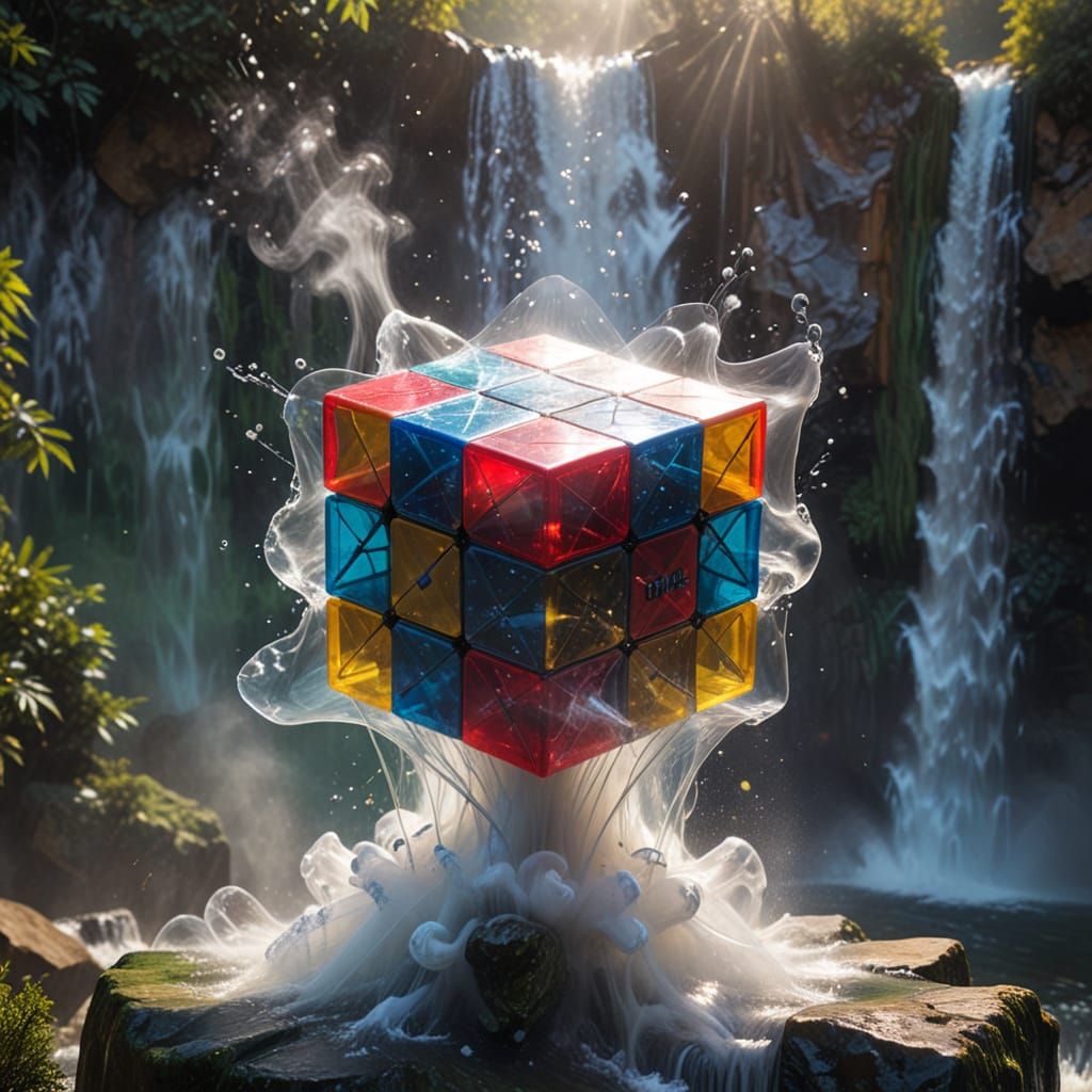 Epic Translucent Rubik's Cube in a Whimsical Waterfall Unive...