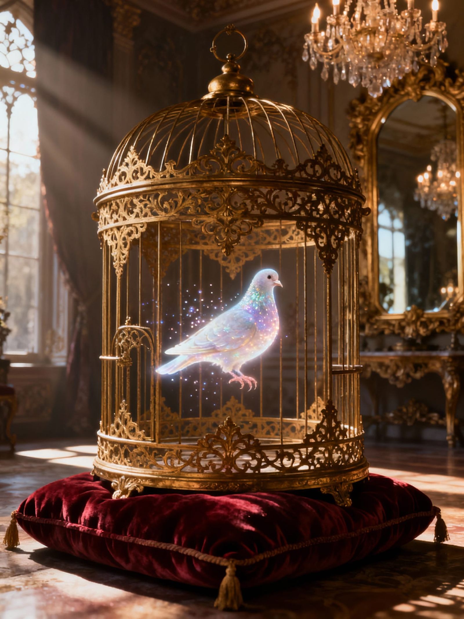 Spectral Pigeon in Ornate Birdcage, Photorealistic