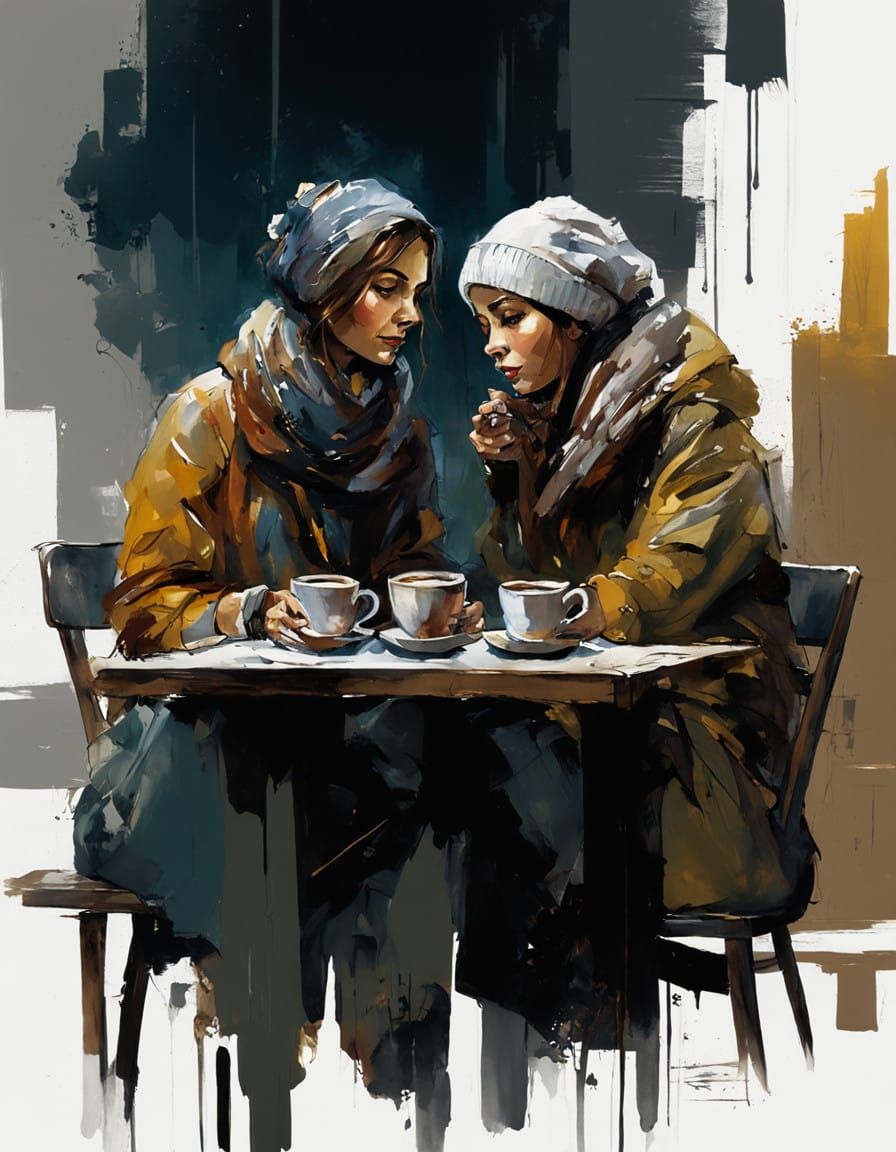Rustic Moonlit Portrait of Two Happy Ladies in a Cozy Coffee...