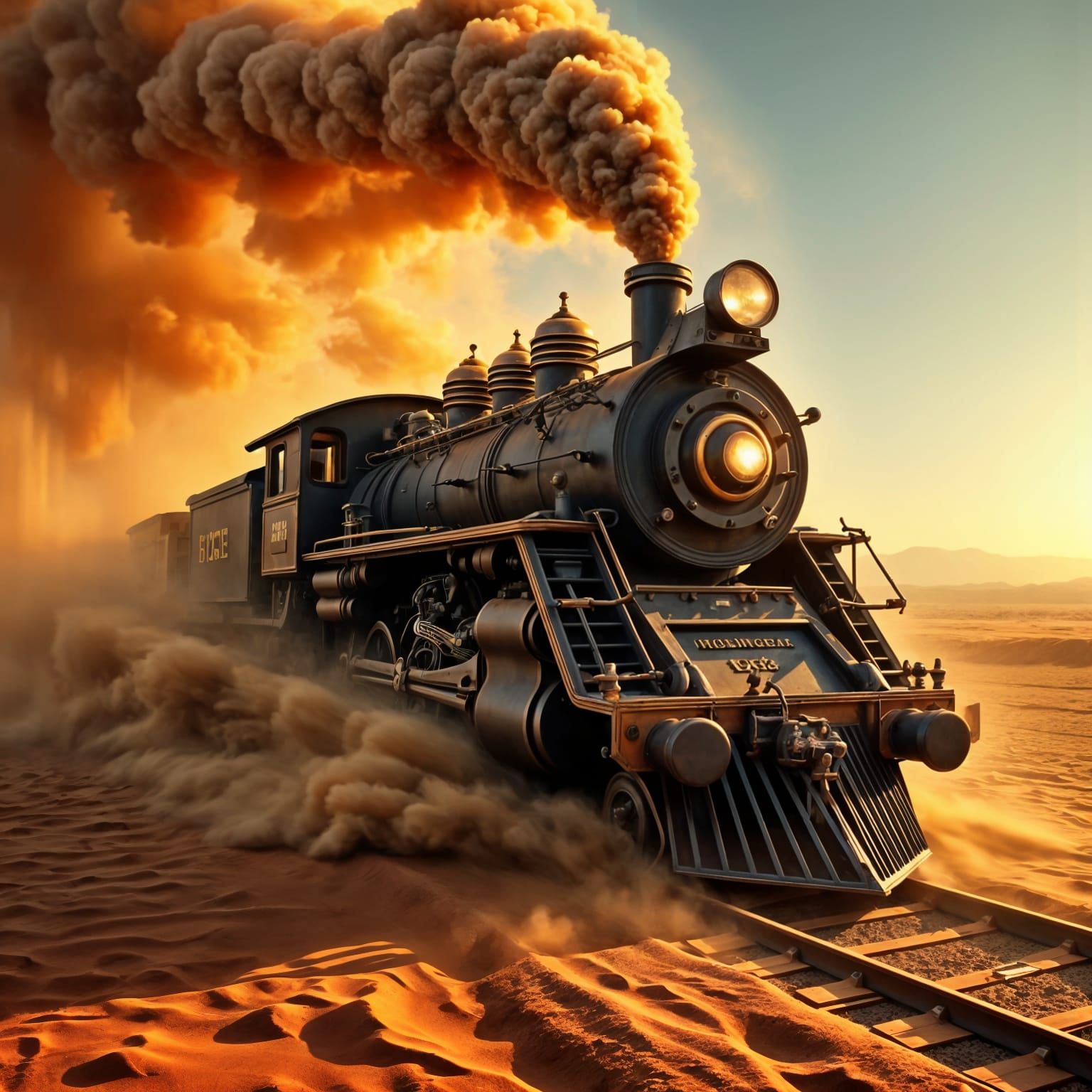 Surreal Desert Train Ride in Hyperrealistic Style