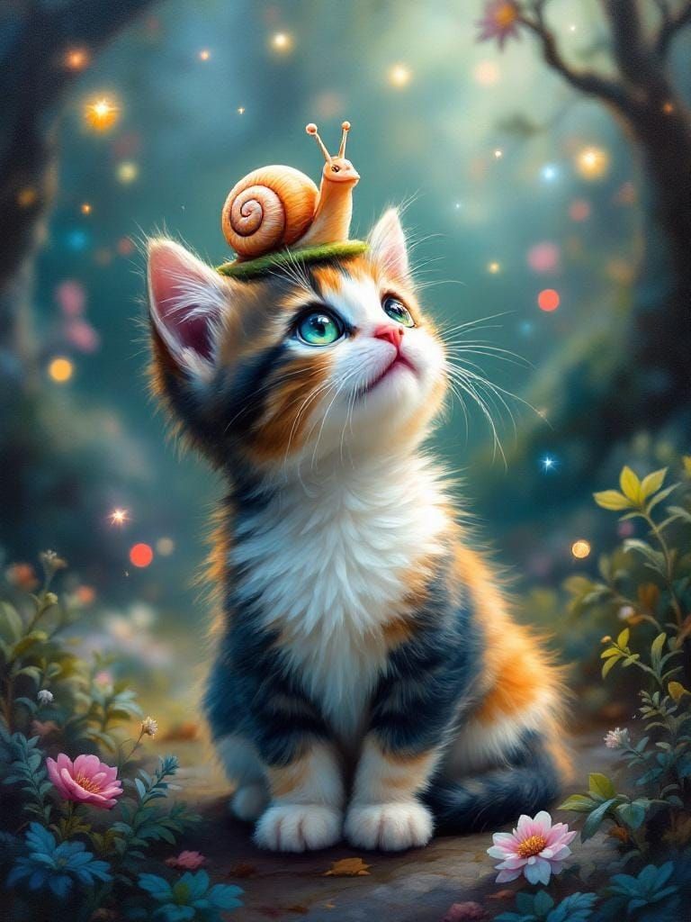 Calico Kitten and Snail in Enchanted Forest Oil Painting
