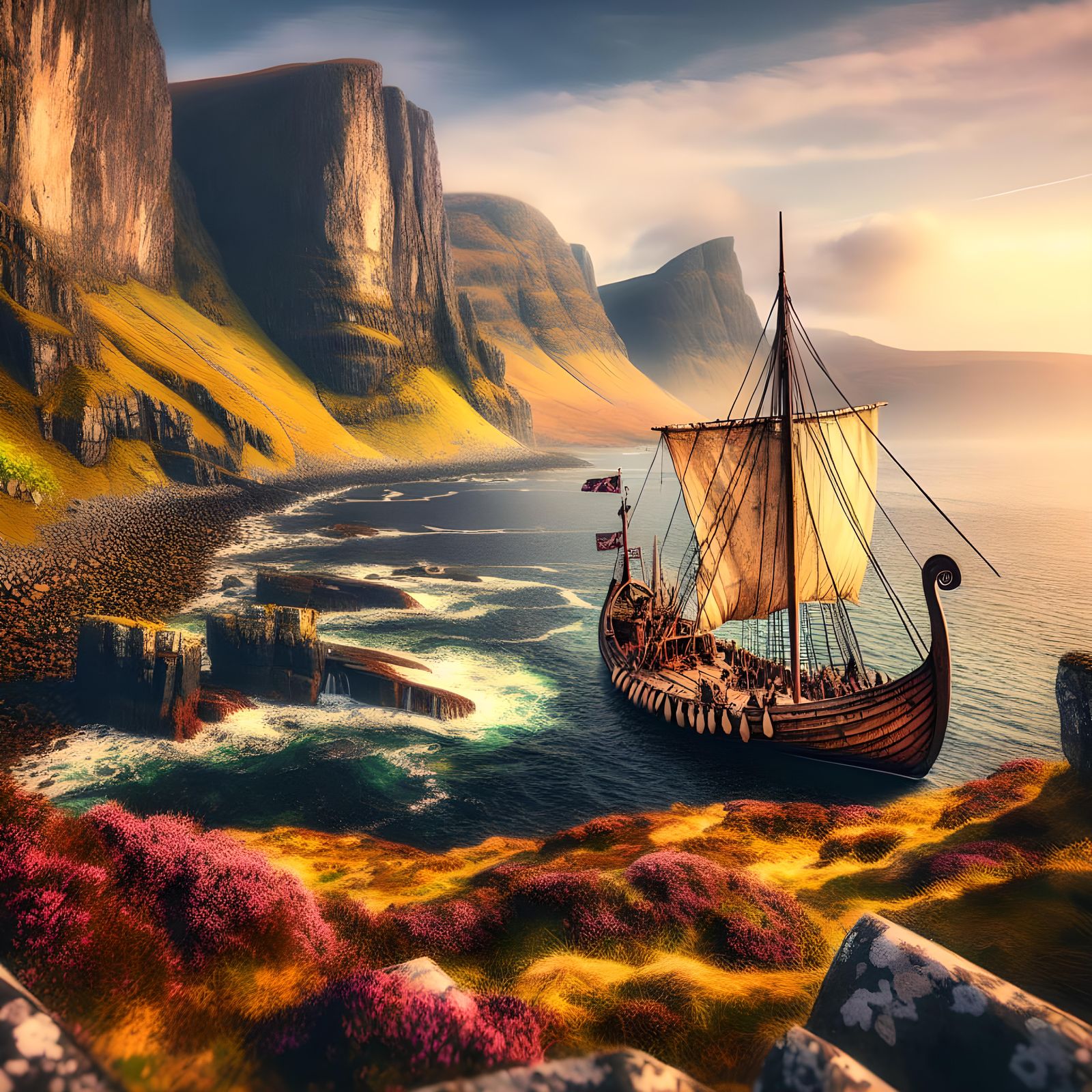 Celtic Longship Sails Scotland Coastline in Spring