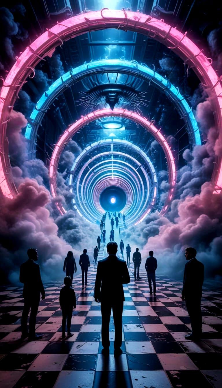 Surreal Portal to Otherworldly Realms in Cyberpunk Style