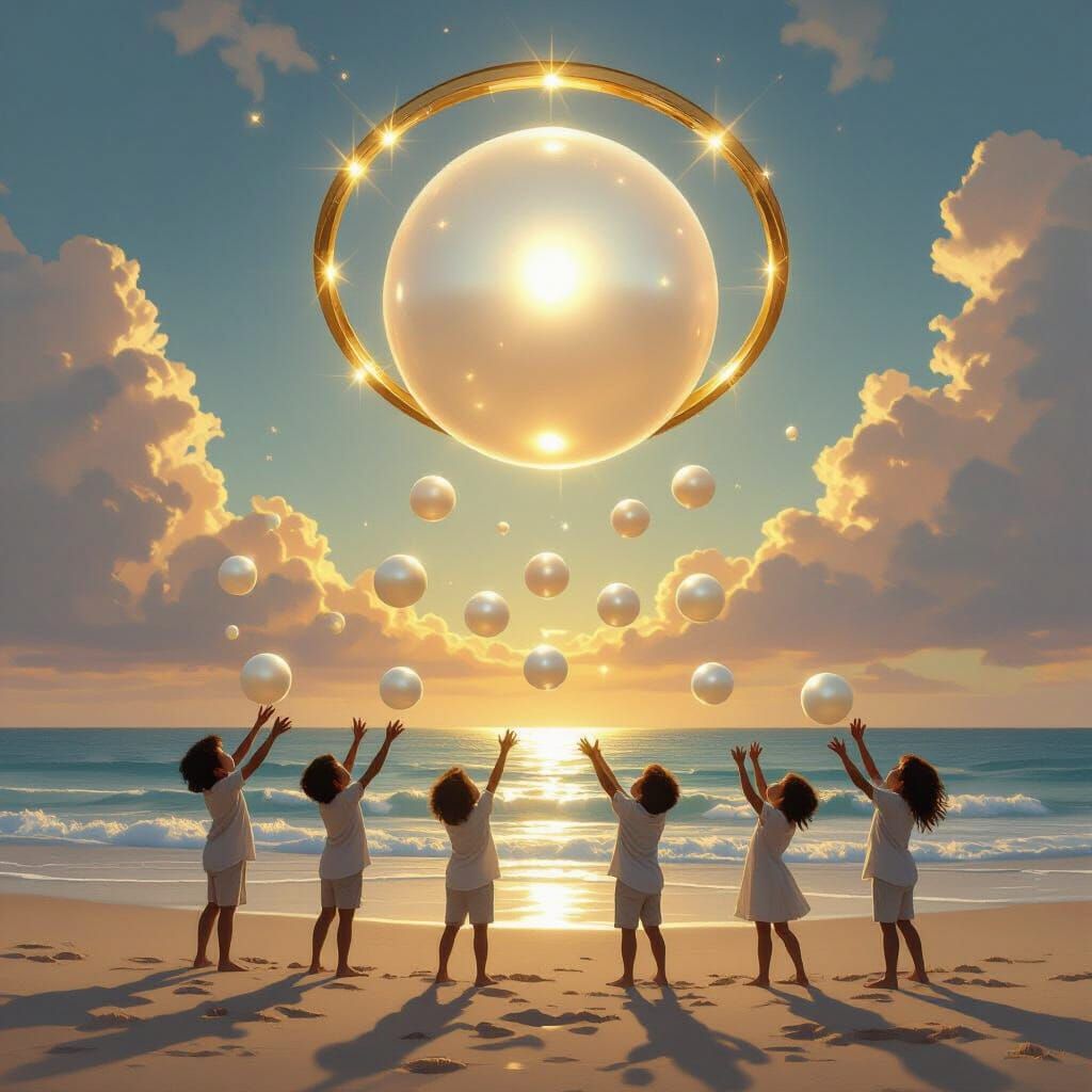 Giant Pearl Over Children Playing on Sandy Shore