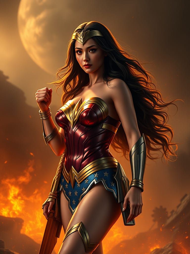 Elegant Asian Wonder Woman in Dramatic Lighting