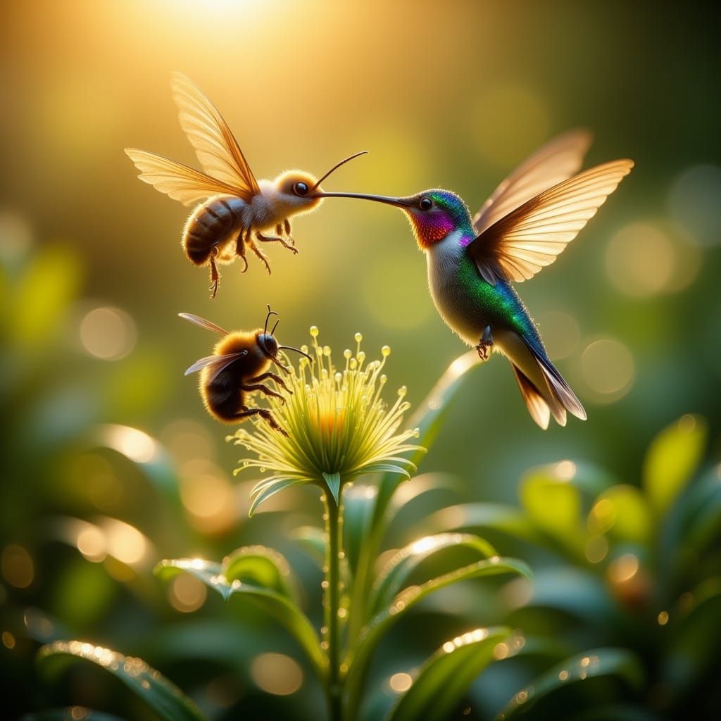 Hummingbird and Bumblebee Macro Photo in Golden Hour