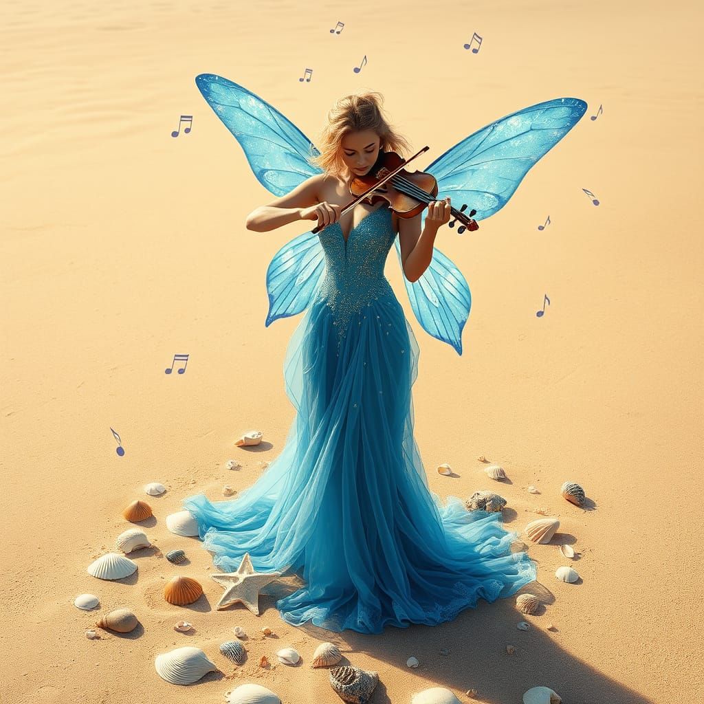 Serene Fairy on Golden Beach in Vibrant Graffiti Style