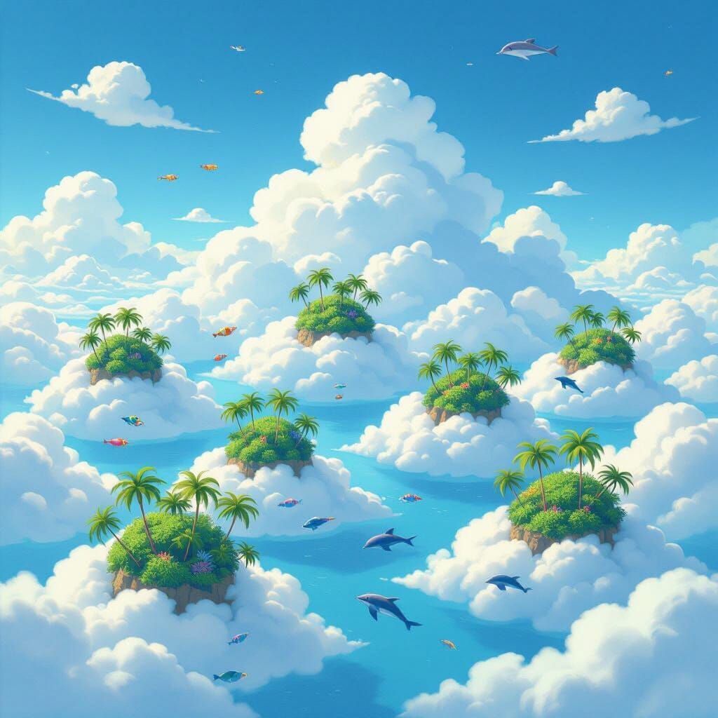 Nine Islands on Fluffy Clouds in Ocean-Blue Sky