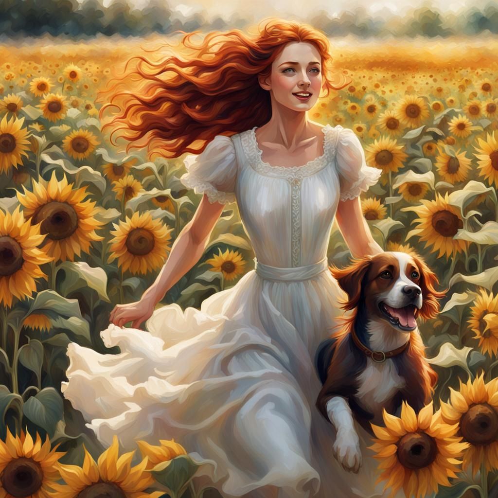 Red-Haired Girl's Joyful Run Through Sunflower Field