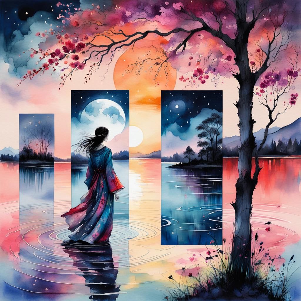Dreamy Lake Glade at Night in Watercolor Style