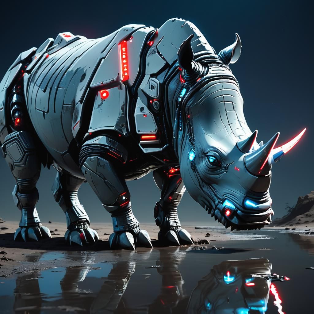 Cyberpunk Rhino Robot Drinks Water Under Starry Night Sky