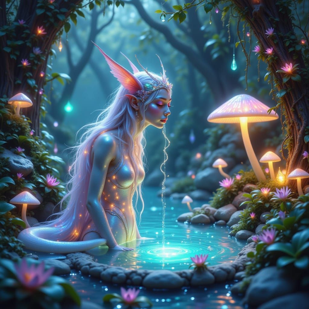 Shimmering Elven Druid in Bioluminescent Grotto