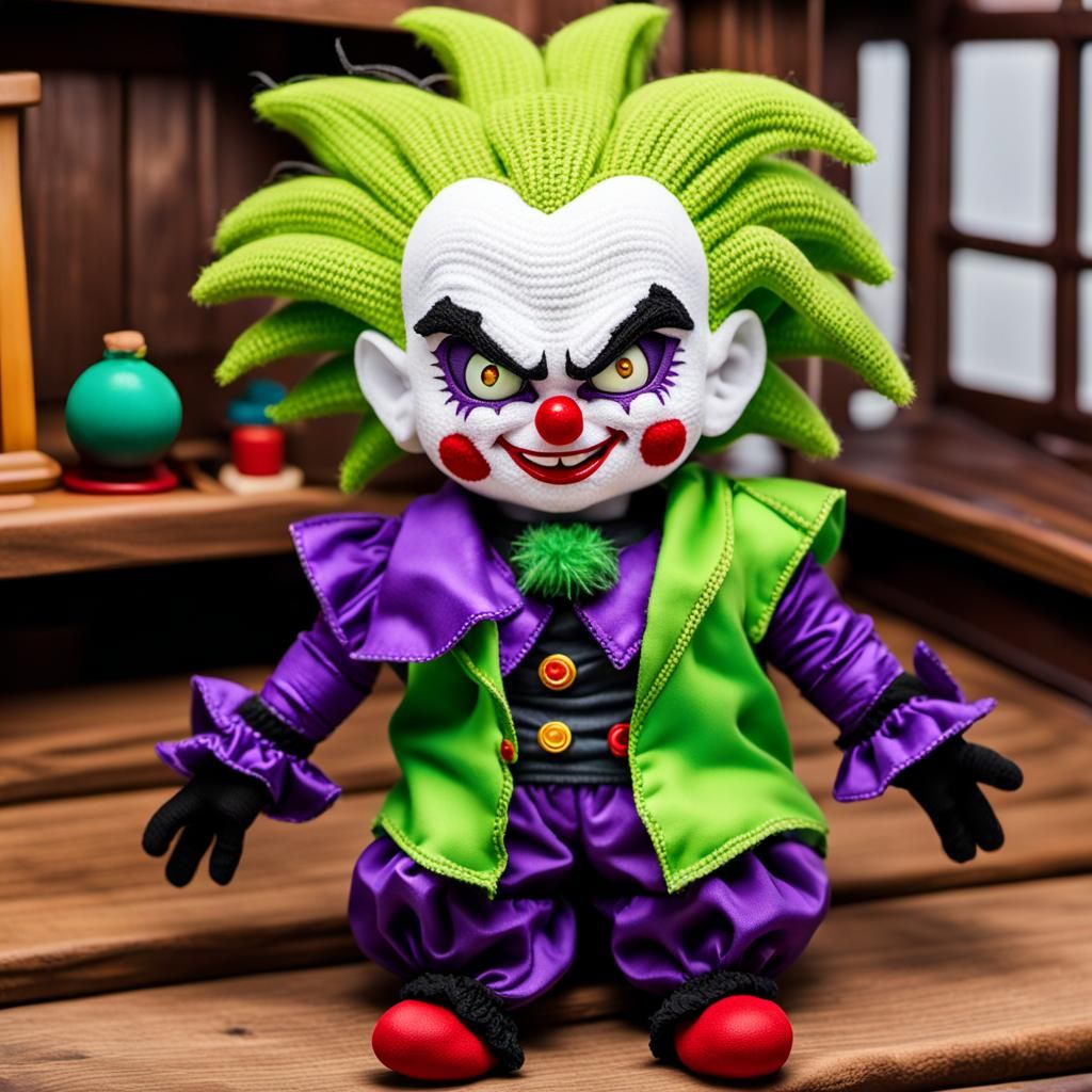 Crocheted Super Saiyan Plush Doll in Clown Costume