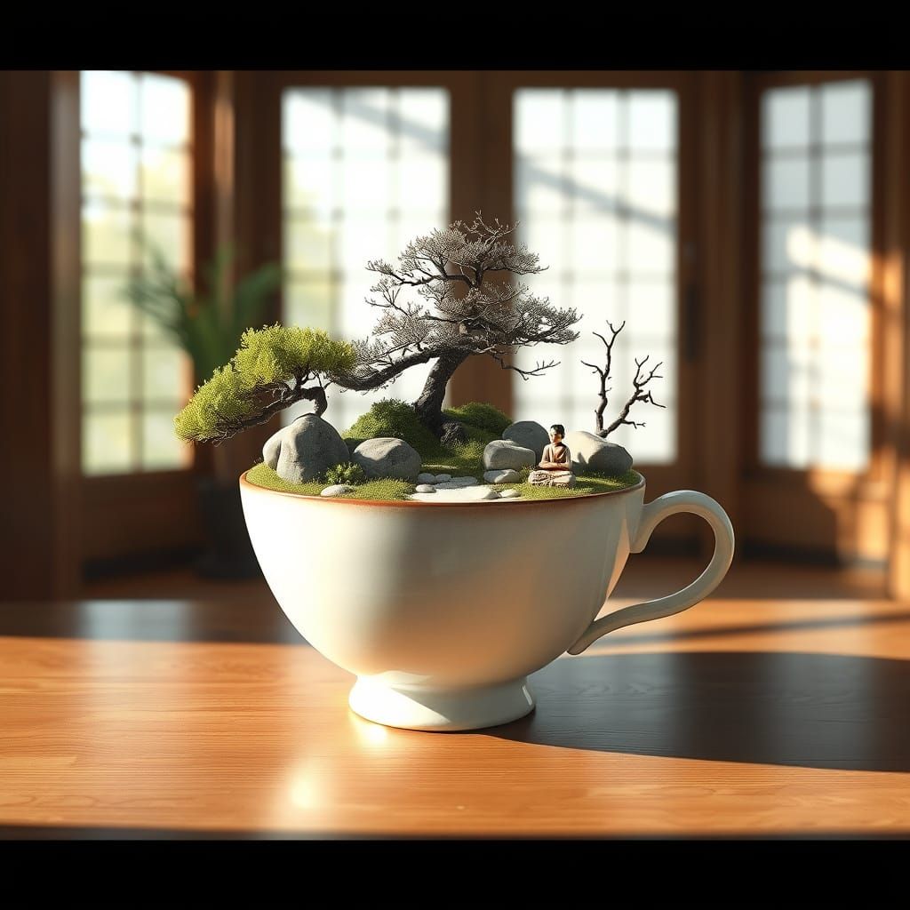 Surreal Teacup Zen Garden in Minimalist Japanese Style
