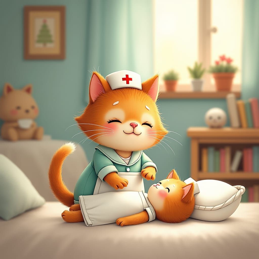 Adorable Cat Nurse in Beatrix Potter Style