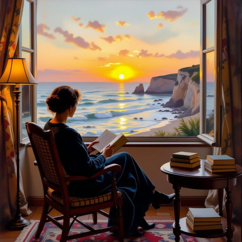 Woman Reading by Window in Impressionist Style