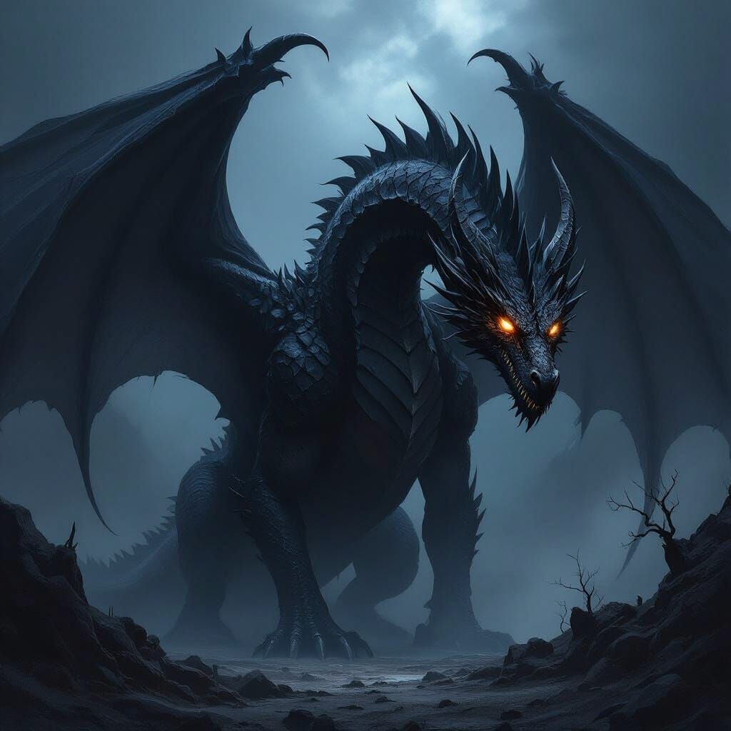 Massive Black Dragon in Dark, Sulky Landscape