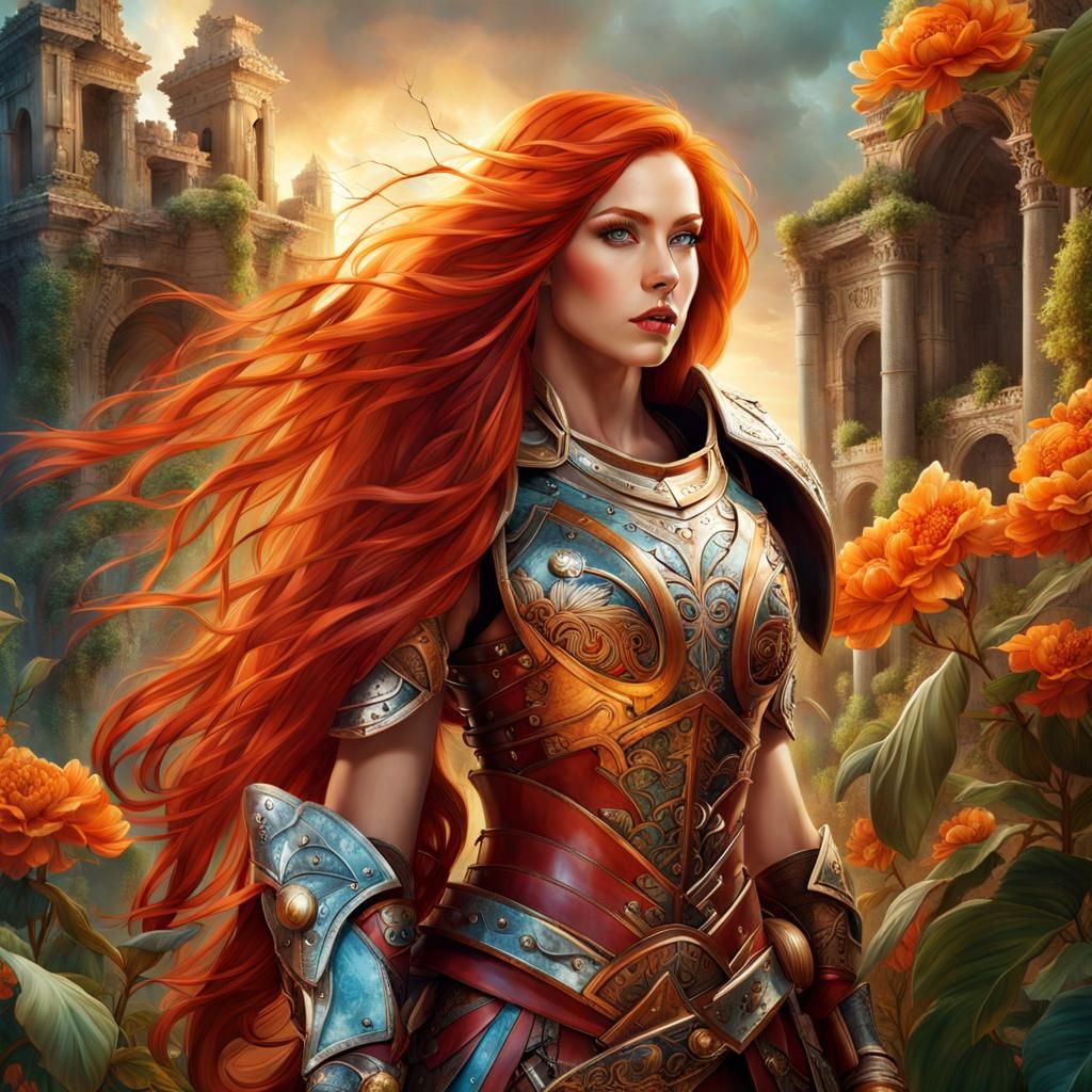 Red-Haired Warrior in Overgrown Ruins